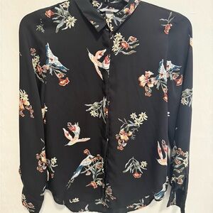 H&M Black Blouse with Colorful Bird and Floral Print